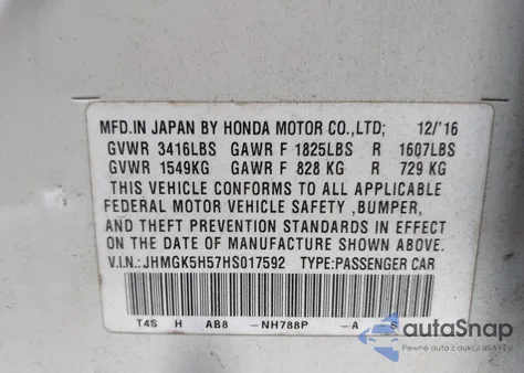 2017 Honda Fit Lx z USA, uszkodzony, nr VIN JHMGK5H57HS017592